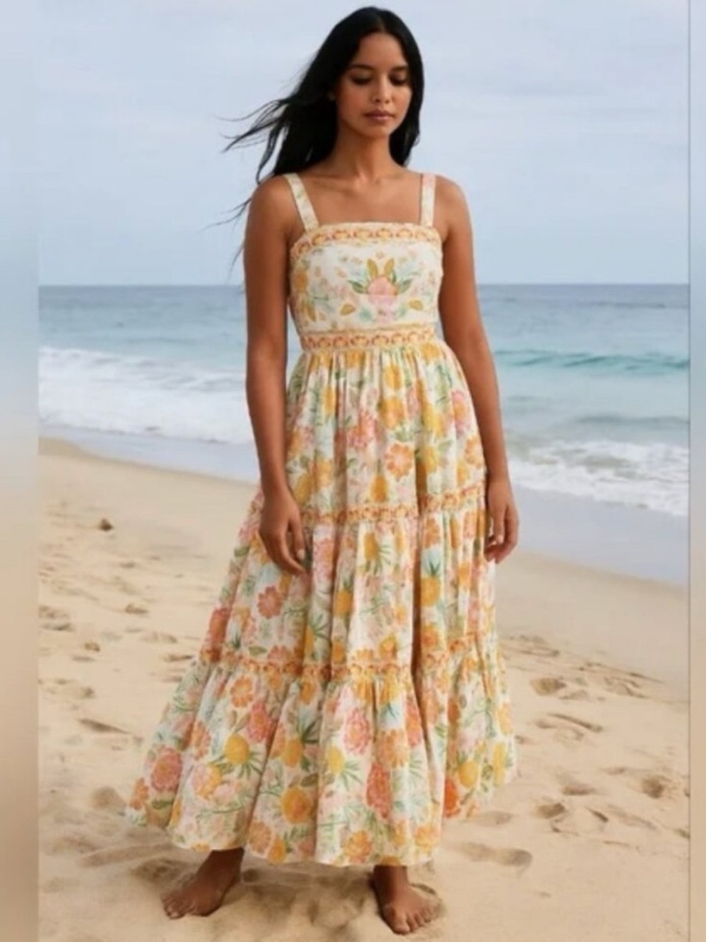Rachel Zoe Tropical Pineapple Floral Embroidered Tiered Maxi Dress | Size 6 - Picture 3 of 10